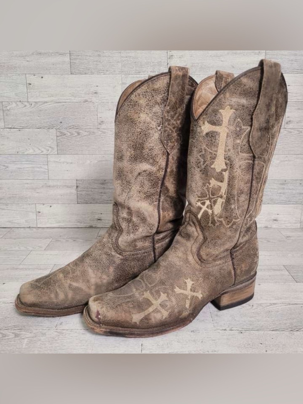Women’s Circle G Brown Leather Crosses Western Square Toe Cowboy Boots Size 6